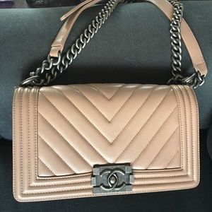 Authentic CHANEL Beige/Tan Med Boy Chevron Handbag